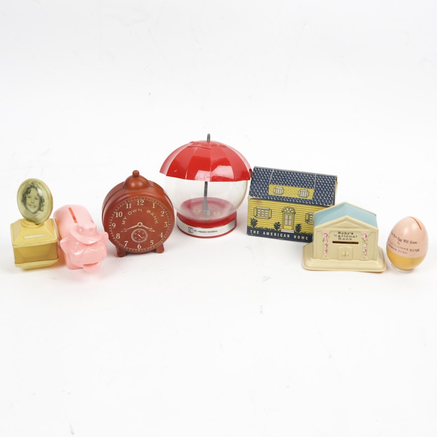 Vintage Plastic and Paper Coin Banks, Including Shirley Temple