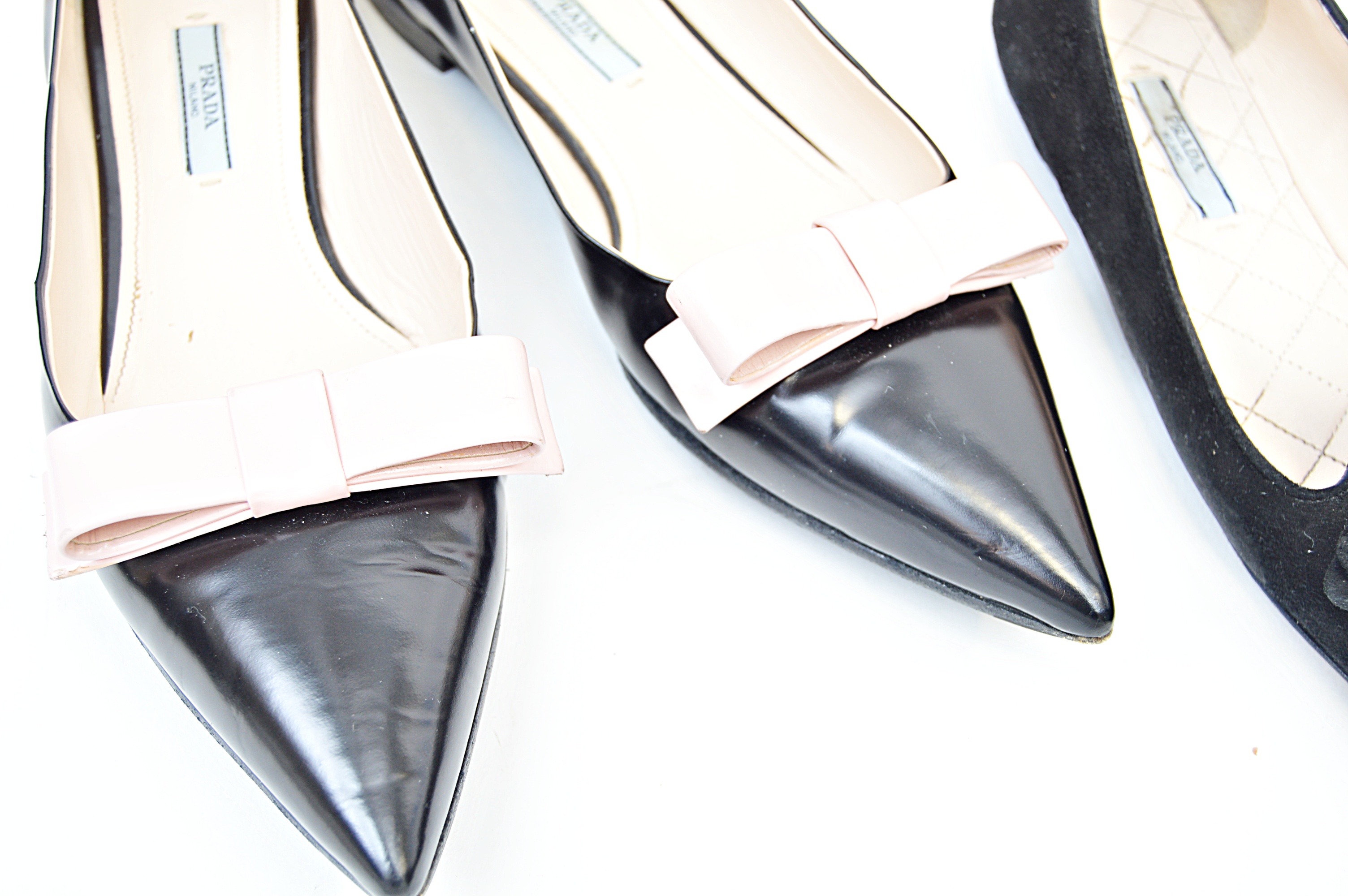 Prada Black Leather Flats with Pink Bows