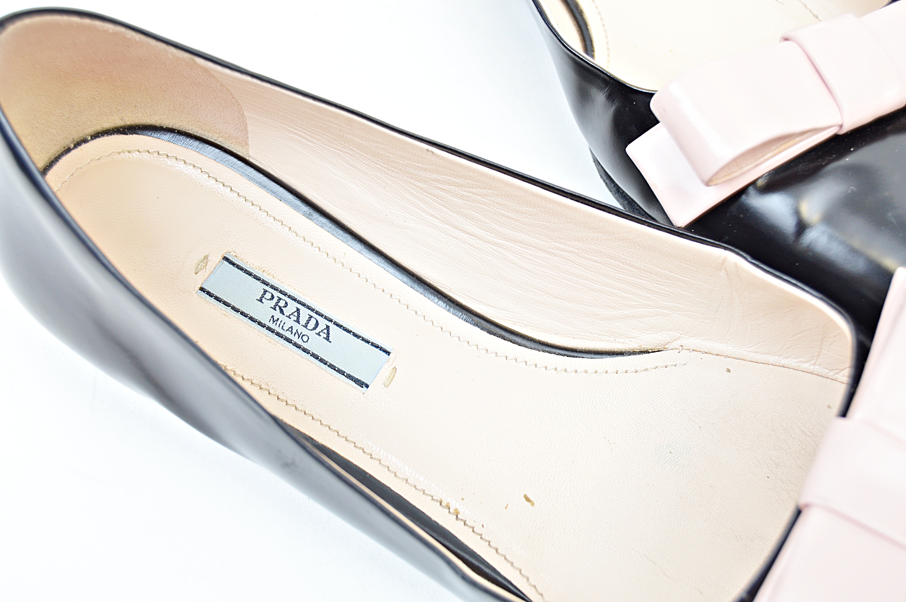 Prada Black Leather Flats with Pink Bows