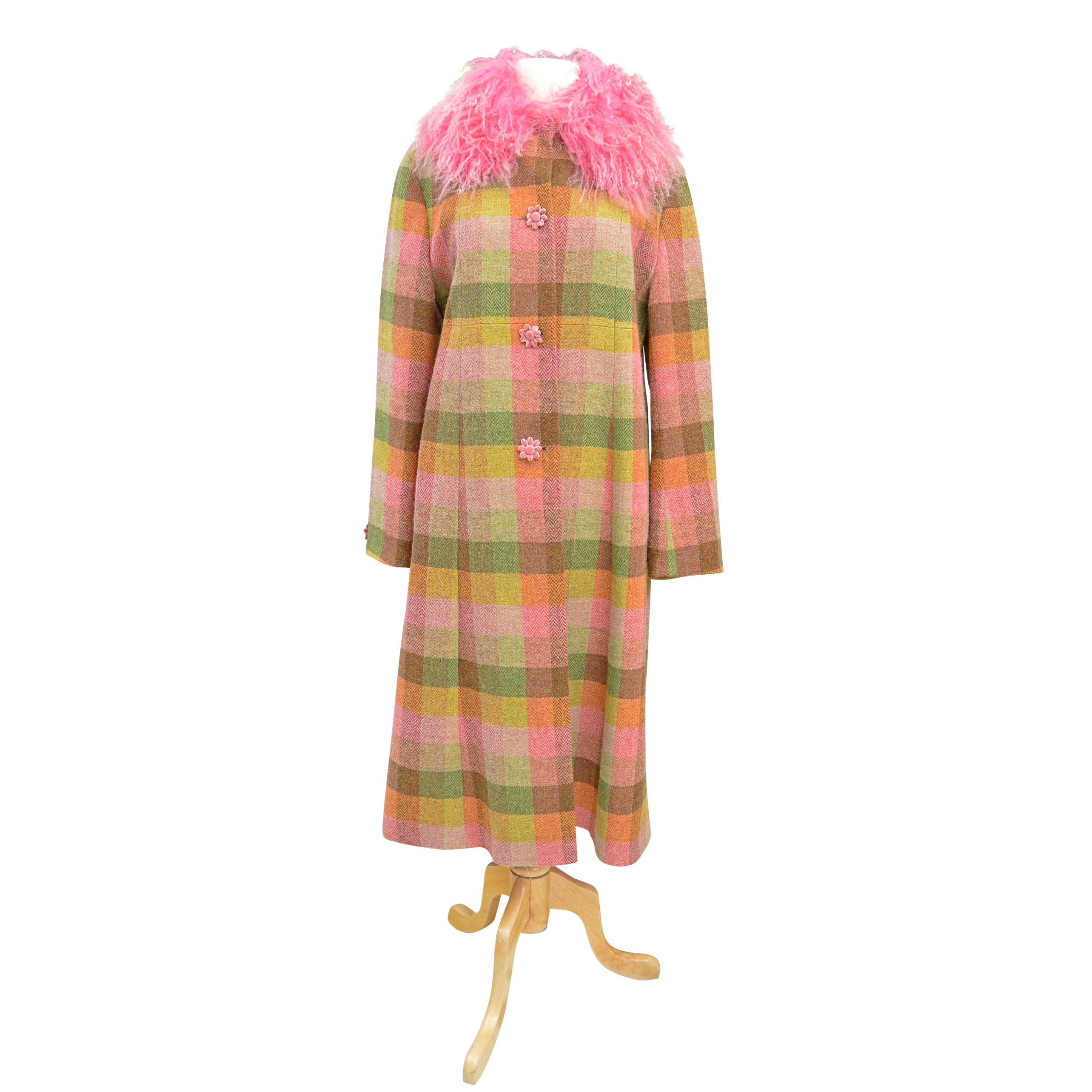 Women's Irish Avoca "Anthology" Wool Coat with Pink Dyed Mongolian Lamb Collar
