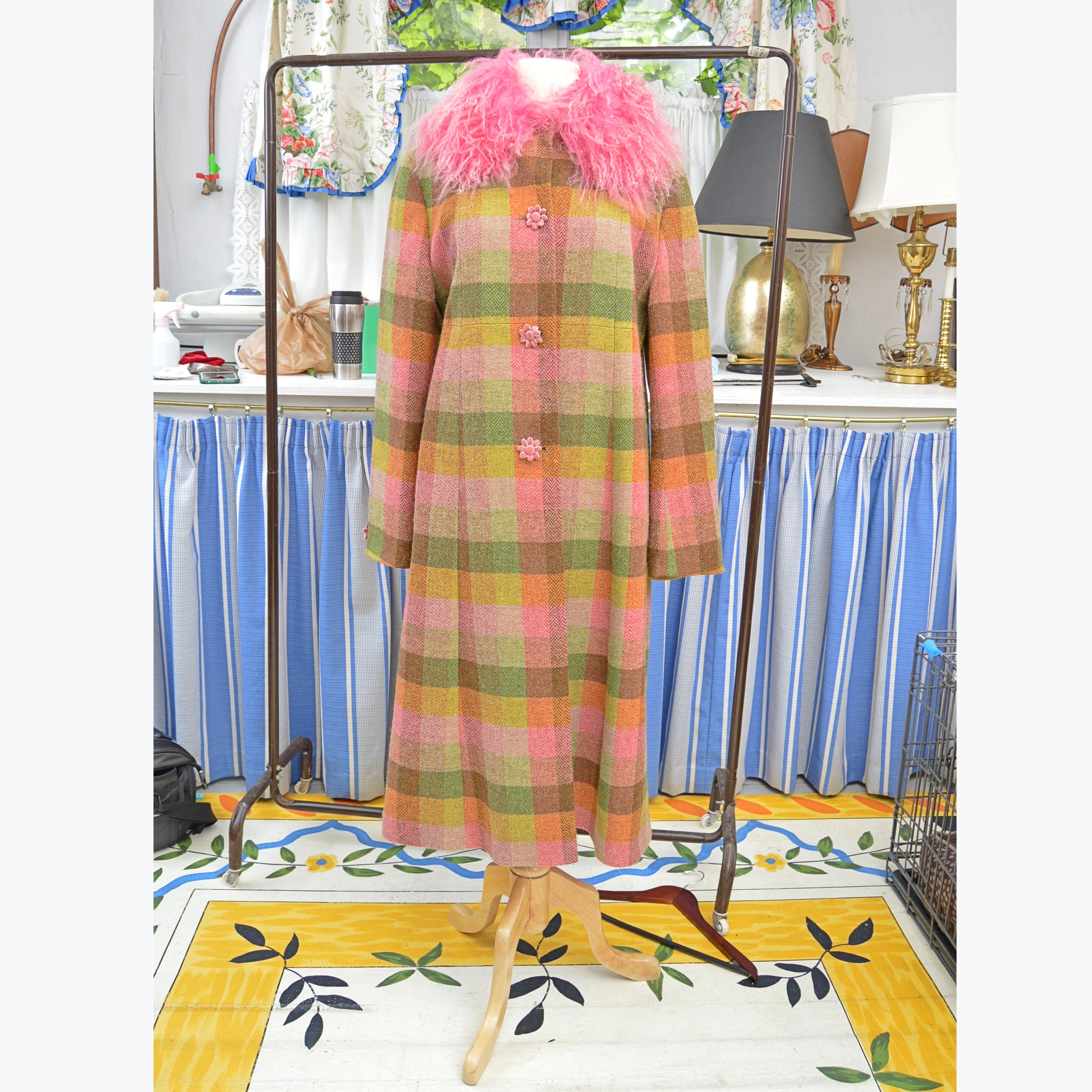 Women's Irish Avoca "Anthology" Wool Coat with Pink Dyed Mongolian Lamb Collar