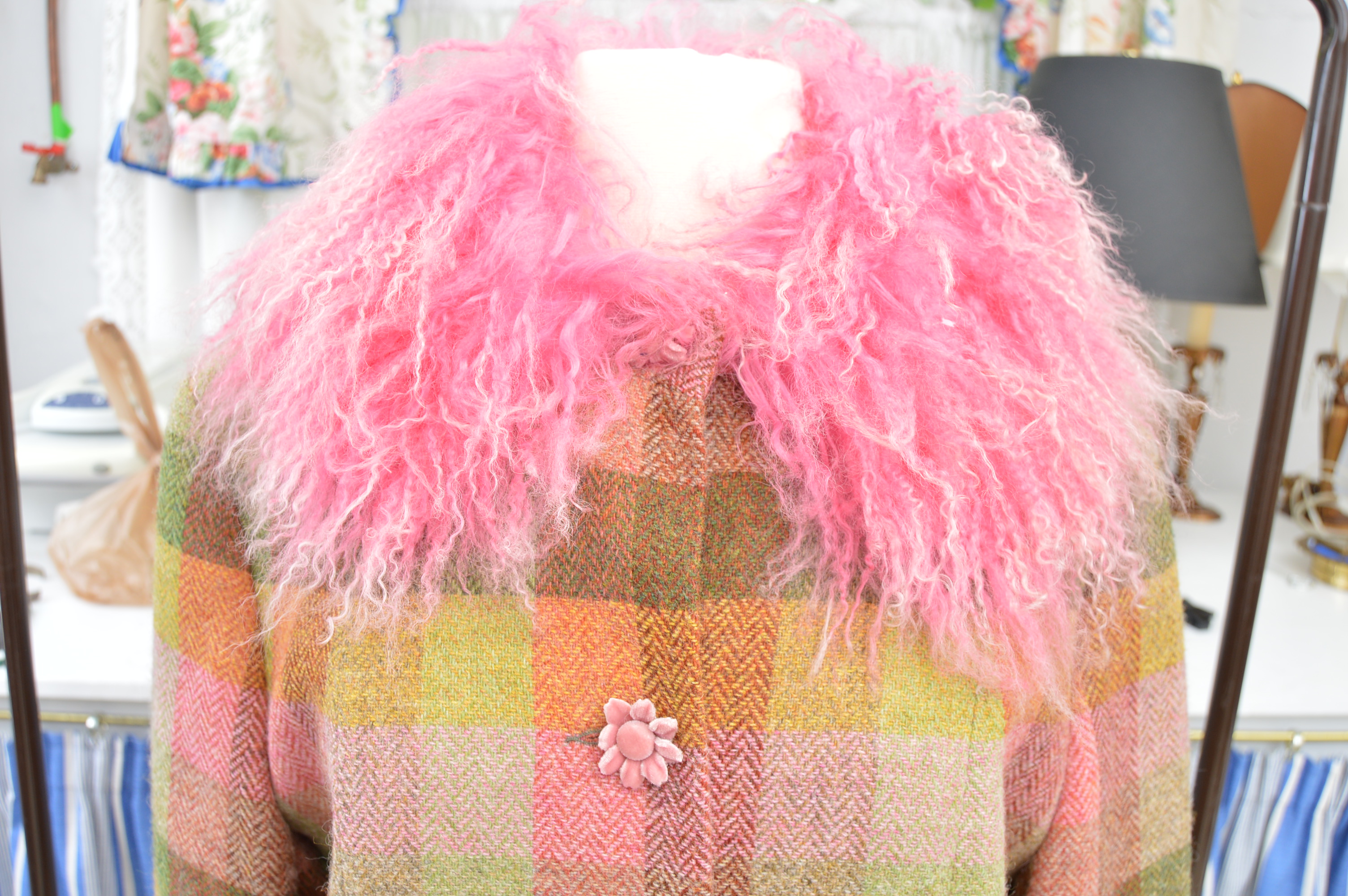 Women's Irish Avoca "Anthology" Wool Coat with Pink Dyed Mongolian Lamb Collar