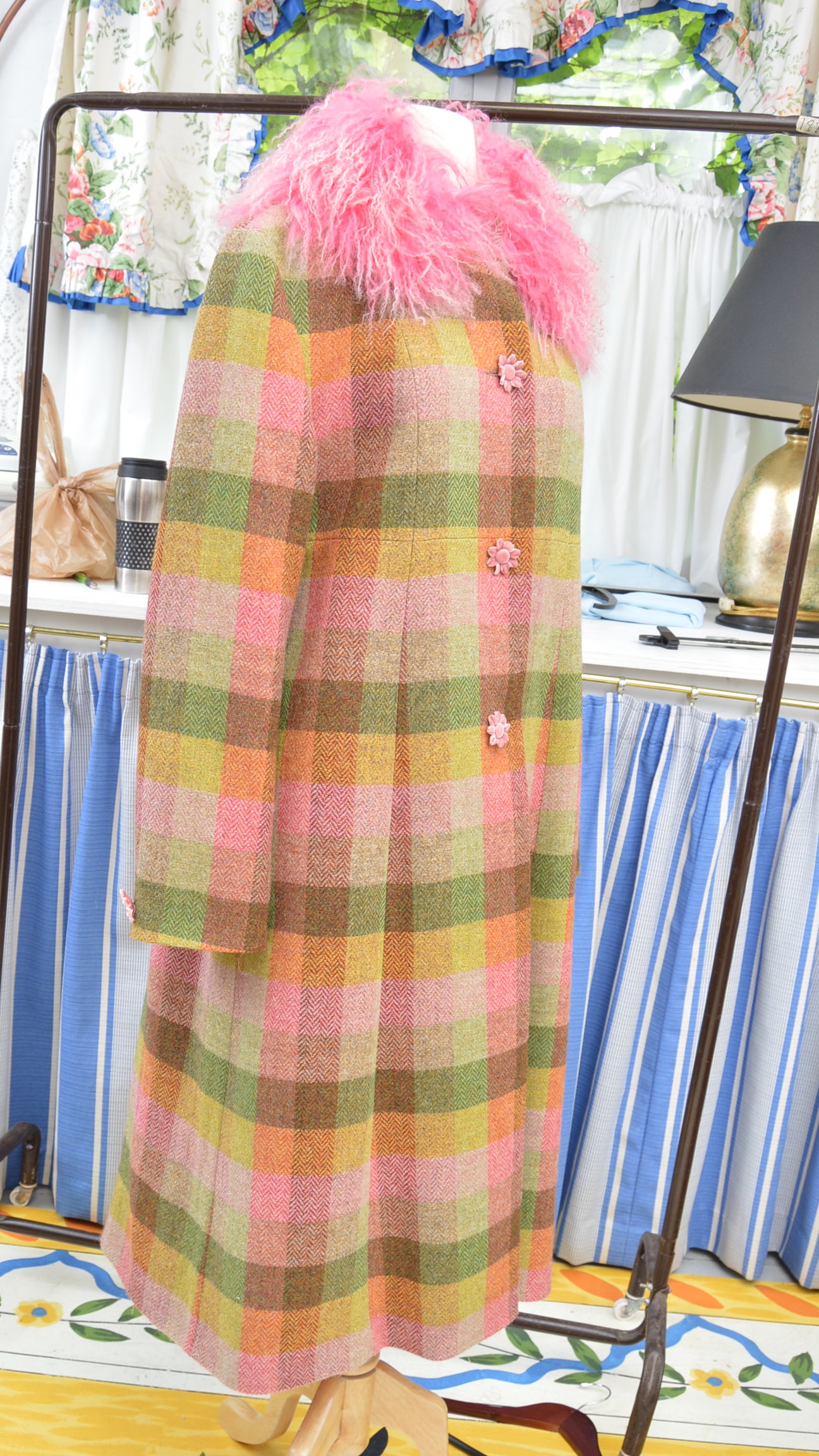 Women's Irish Avoca "Anthology" Wool Coat with Pink Dyed Mongolian Lamb Collar