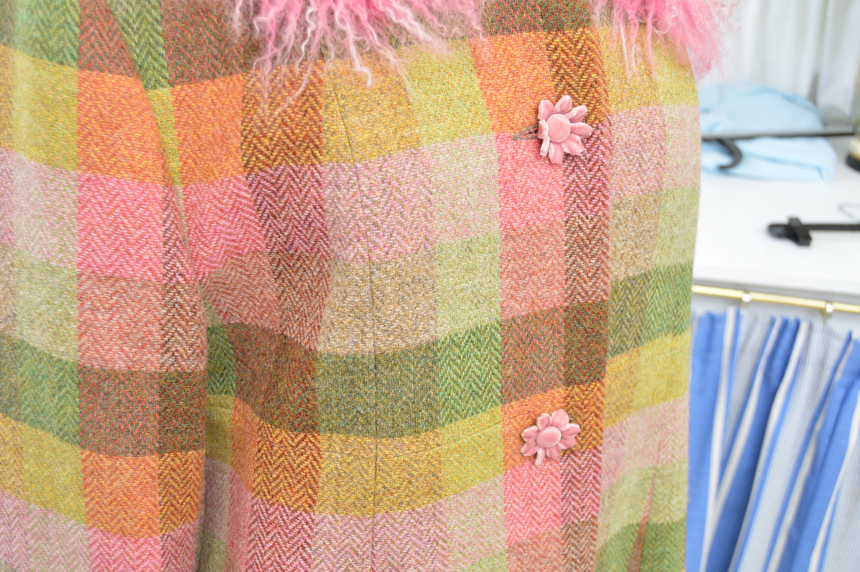 Women's Irish Avoca "Anthology" Wool Coat with Pink Dyed Mongolian Lamb Collar