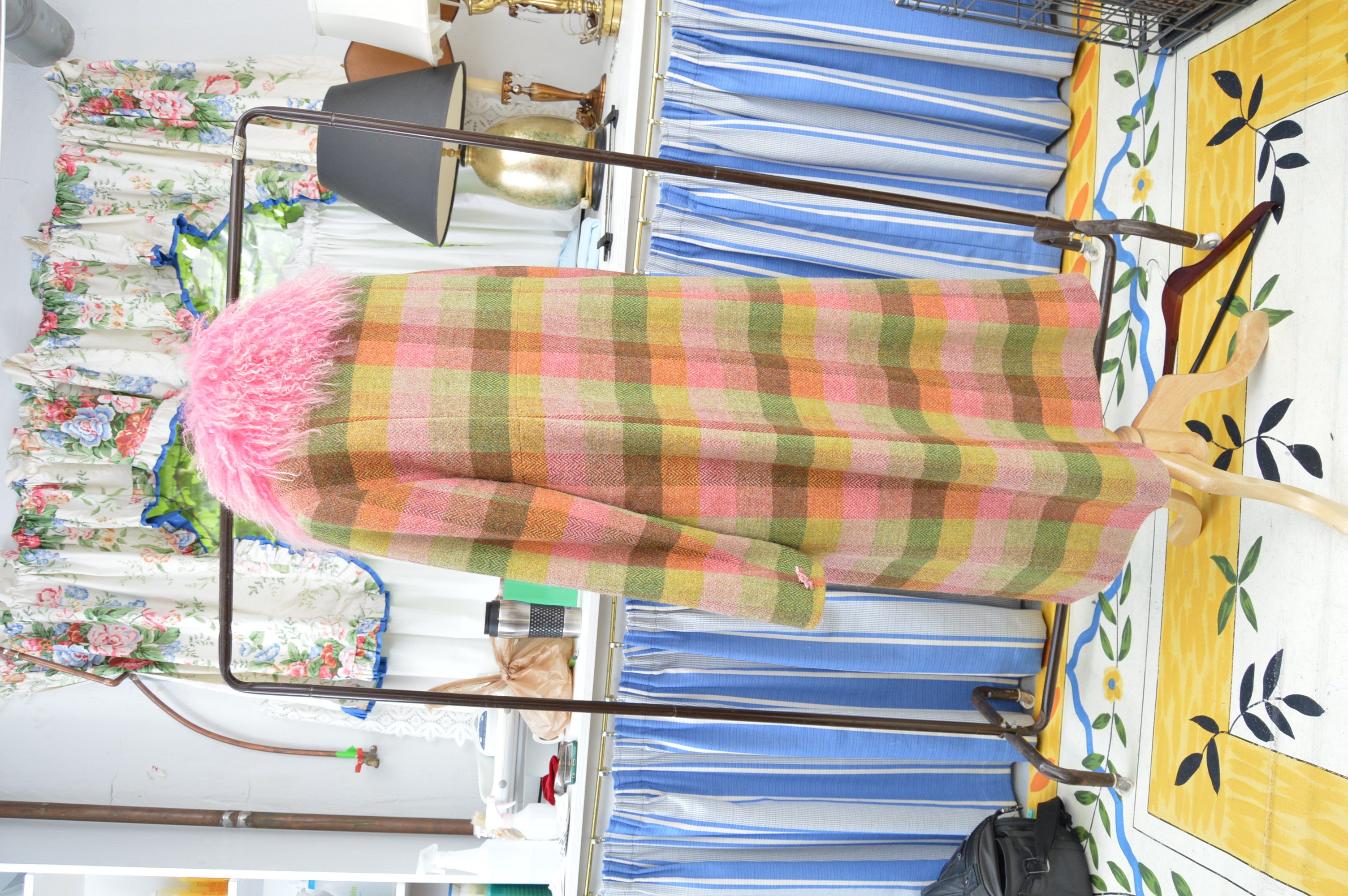 Women's Irish Avoca "Anthology" Wool Coat with Pink Dyed Mongolian Lamb Collar