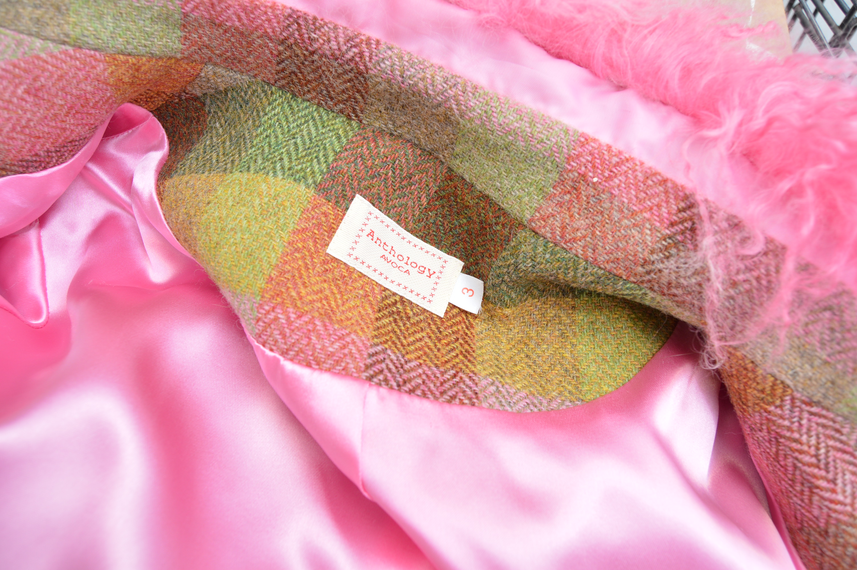 Women's Irish Avoca "Anthology" Wool Coat with Pink Dyed Mongolian Lamb Collar