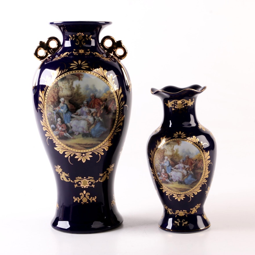 Chinese Limoges Marked Porcelain Cobalt Vases