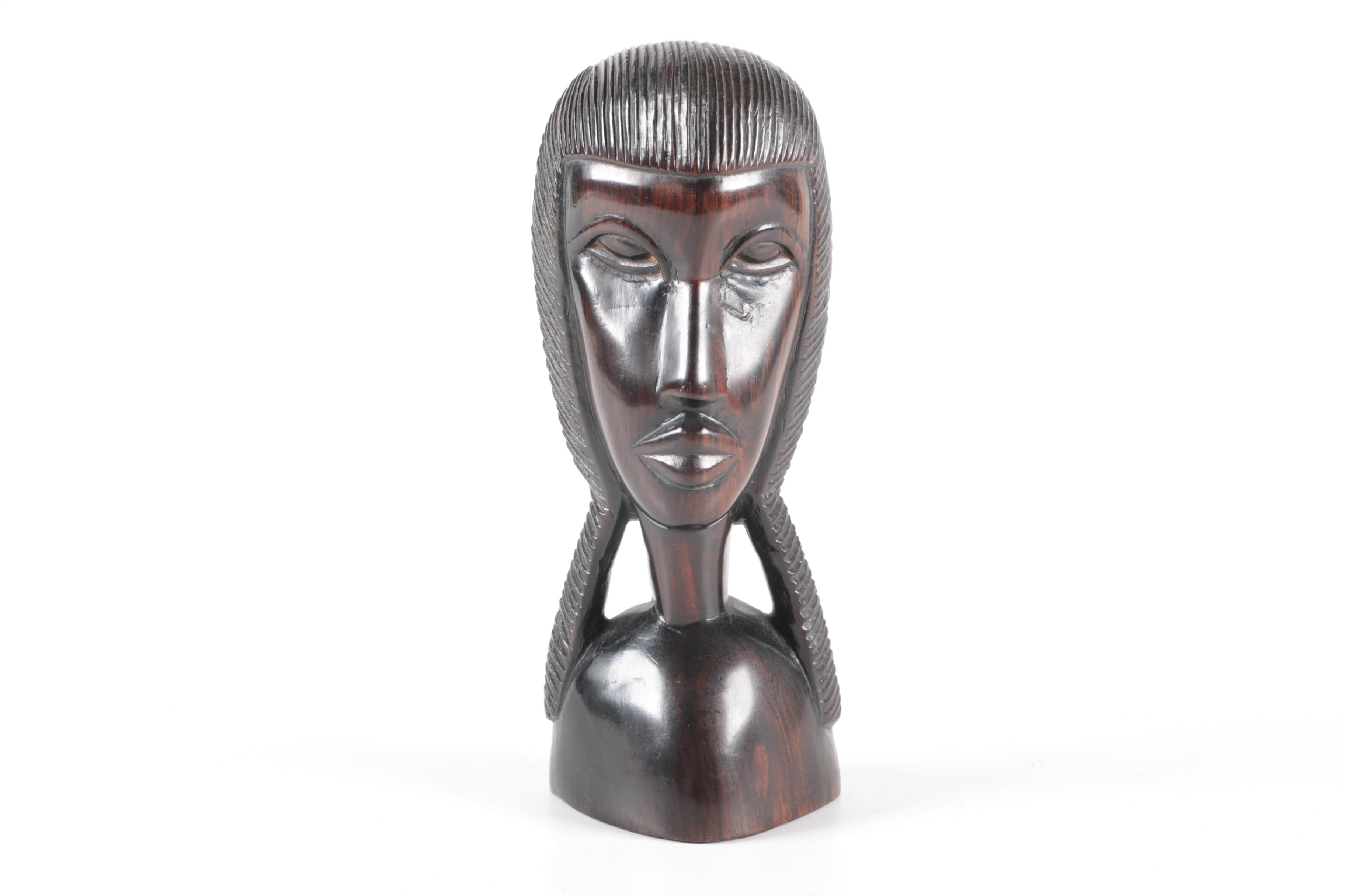 Hand-Carved Modern African-Style Wood Bust