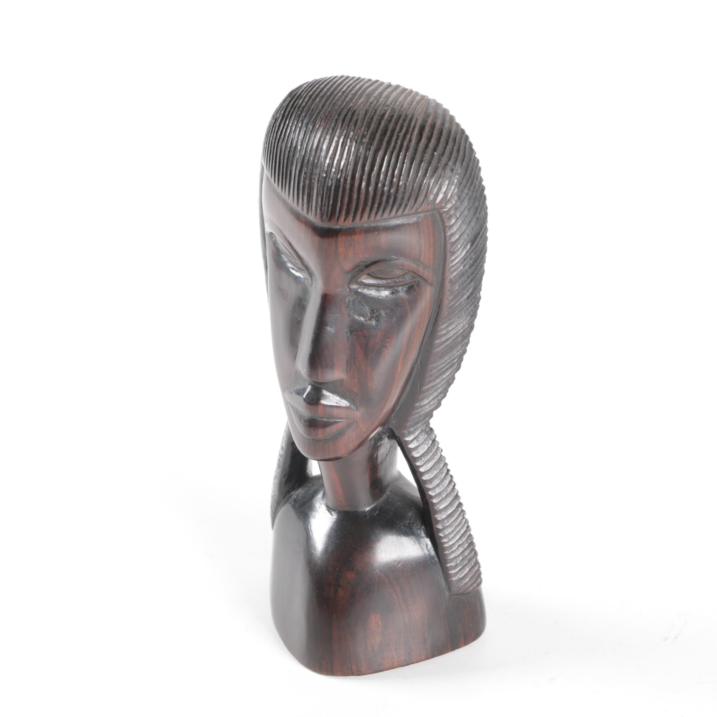 Hand-Carved Modern African-Style Wood Bust