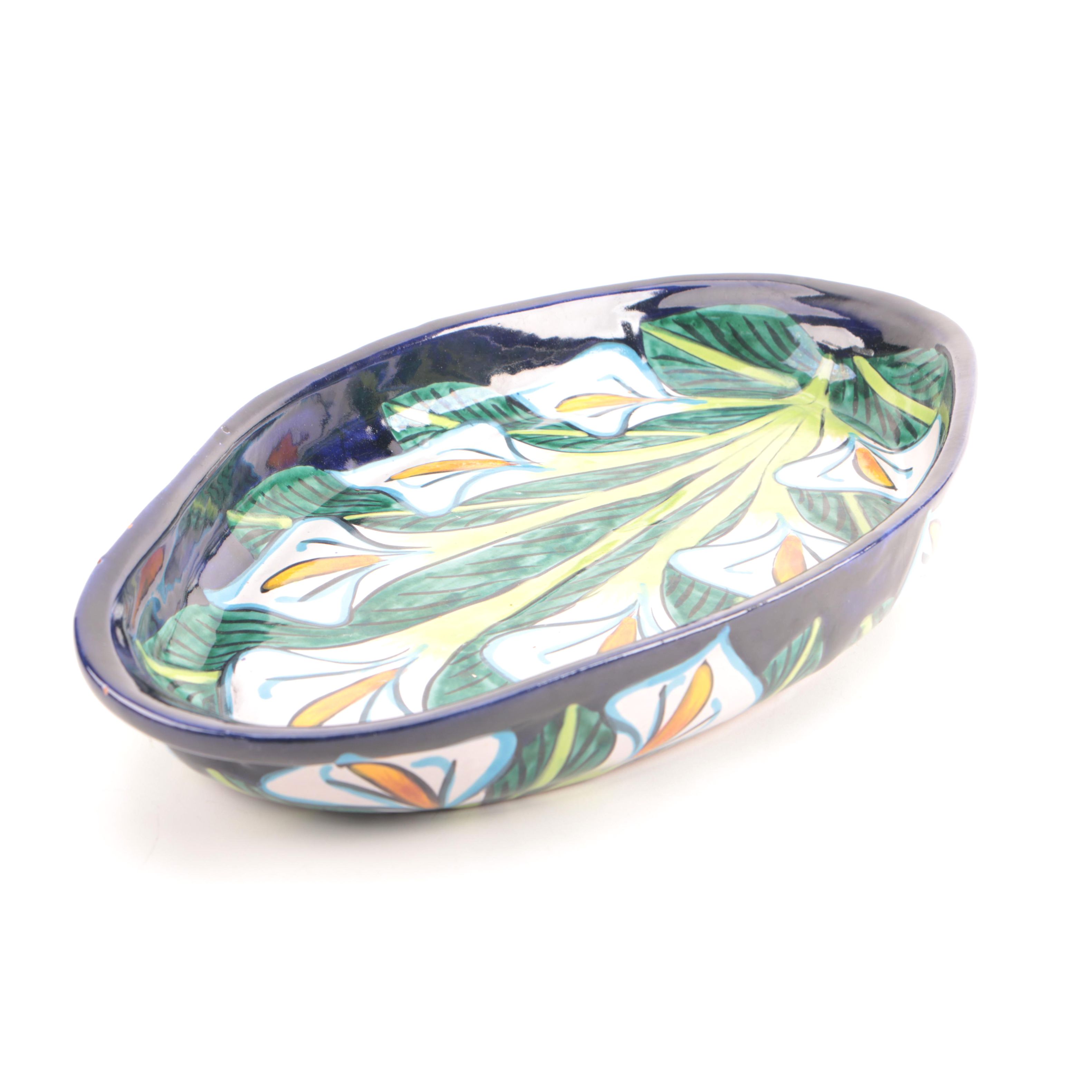 Hand-Painted Mexican Calla Lily Earthenware Serving Bowl