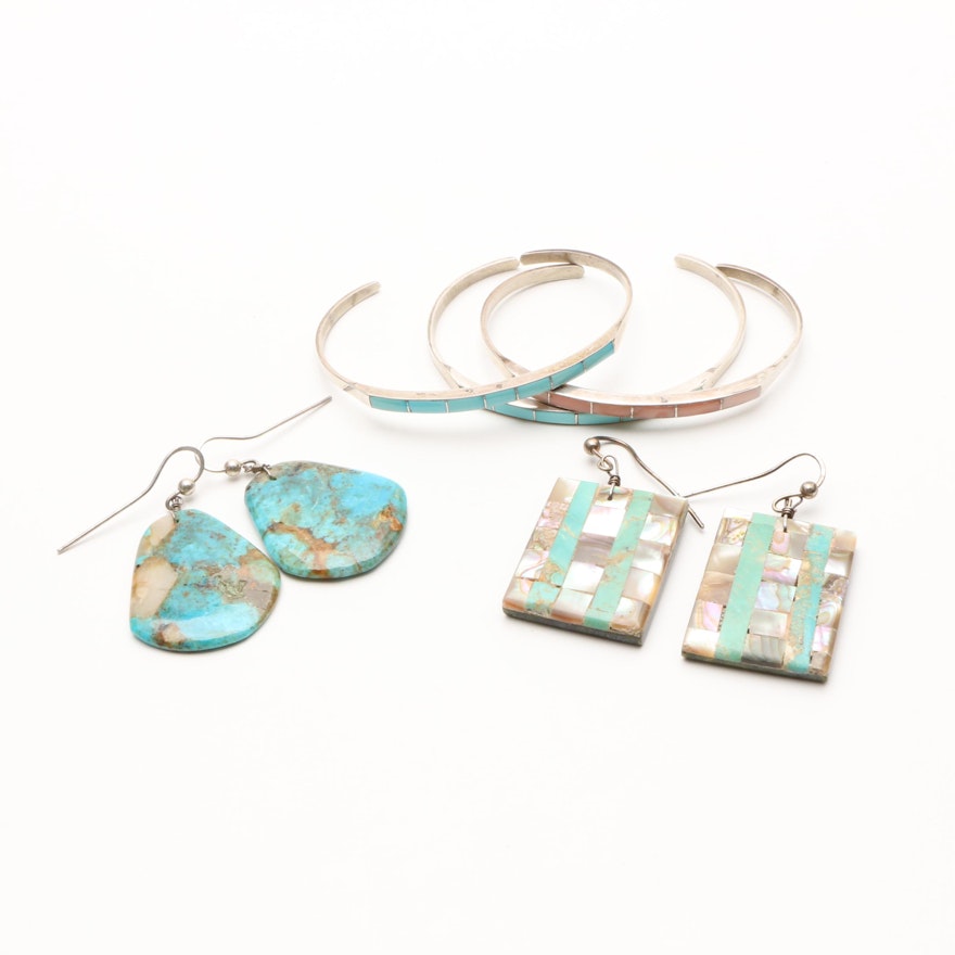 Southwestern Style Sterling Silver Serpentine, Abalone and Turquoise Jewelry