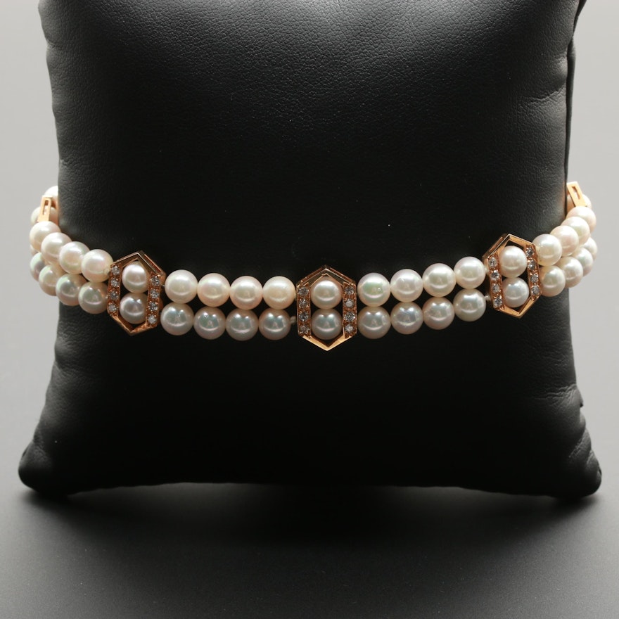 14K Yellow Gold Cultured Pearl and 0.95 CTW Diamond Bracelet