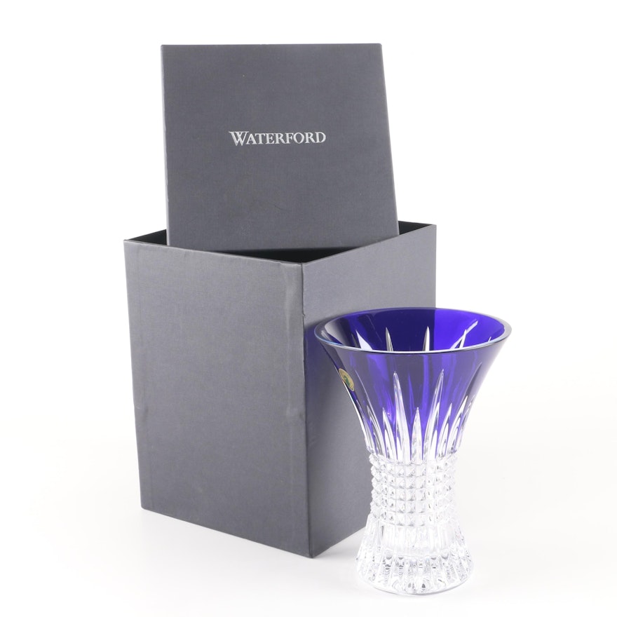 Waterford Crystal "Lismore Diamond" Cobalt Cased Cut to Clear Vase