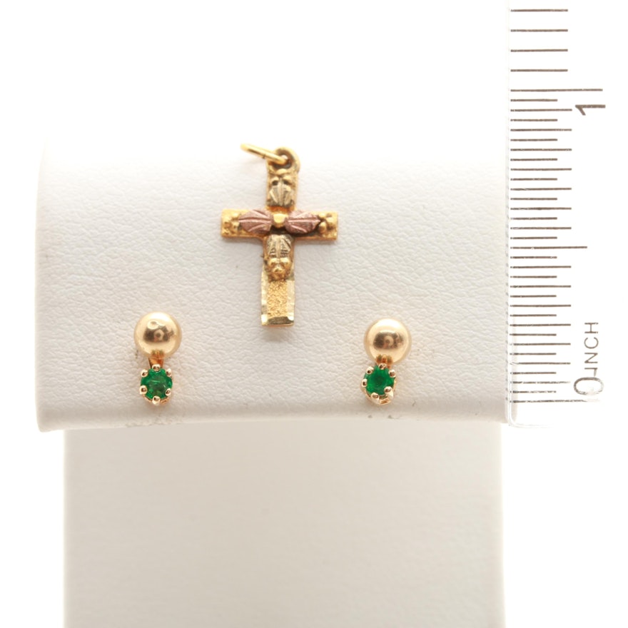 14K Yellow Gold Emerald Earrings and 10K Yellow Gold Cross Pendant