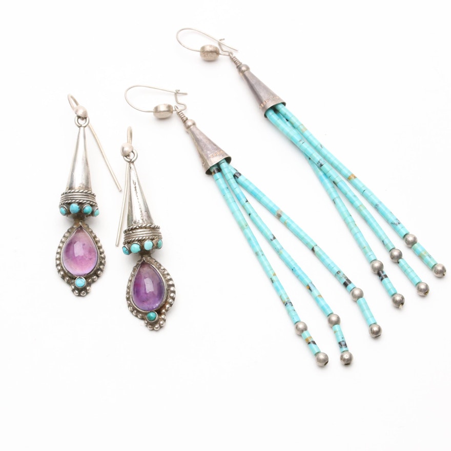 Sterling Silver Earrings Including Amethyst and Turquoise