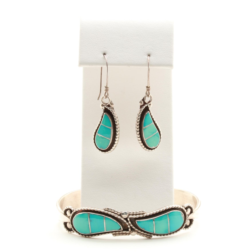 Southwestern Style Sterling Silver Turquoise Cuff Bracelet and Earrings