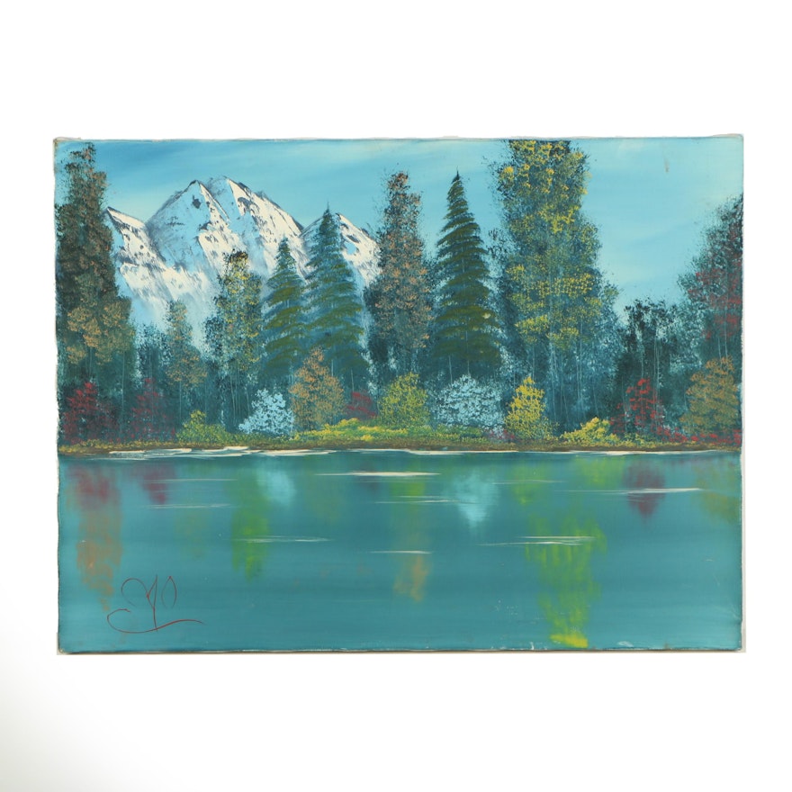 Oil Painting of a Lake and Mountain