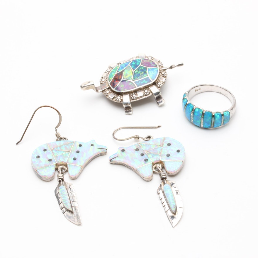 Sterling Silver Synthetic Opal Jewelry with Carmichael Haloo Zuni Turtle Brooch