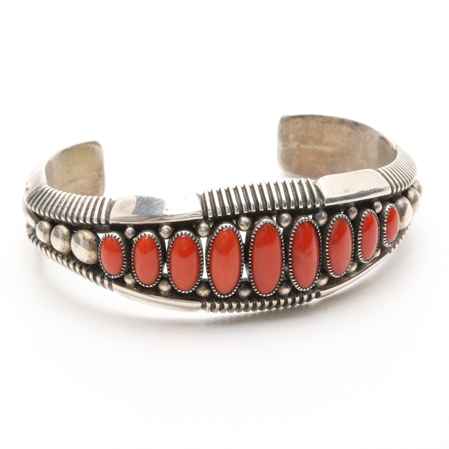 Signed Nelson Southwestern Styled Sterling Silver Coral Cuff Bracelet