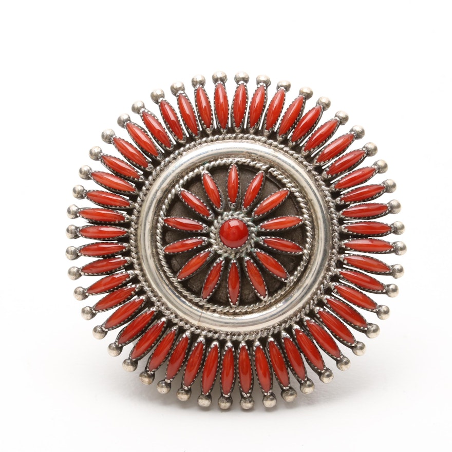 Norbert and Florenda Haskie Zuni Sterling Silver Coral Converter Brooch