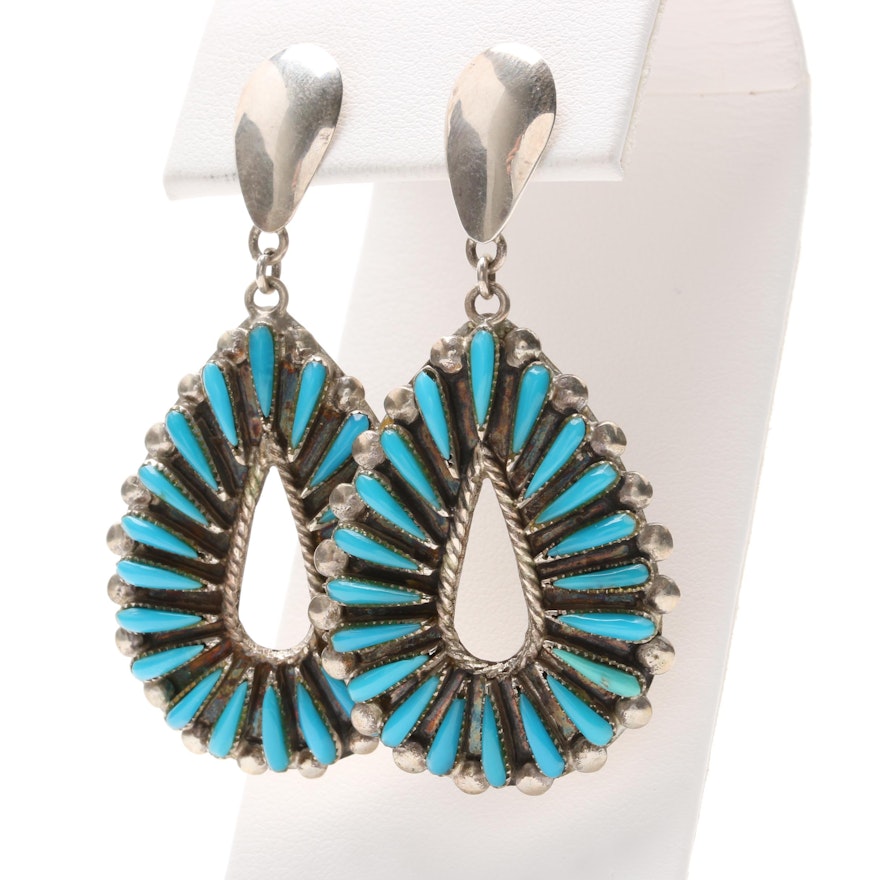 Southwestern Style Sterling Silver Turquoise Petit Point Earrings