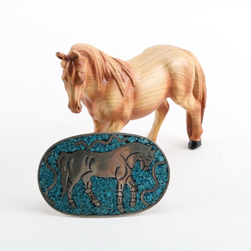 Wooden Horse Figurine and Alpaca Silver Belt Buckle