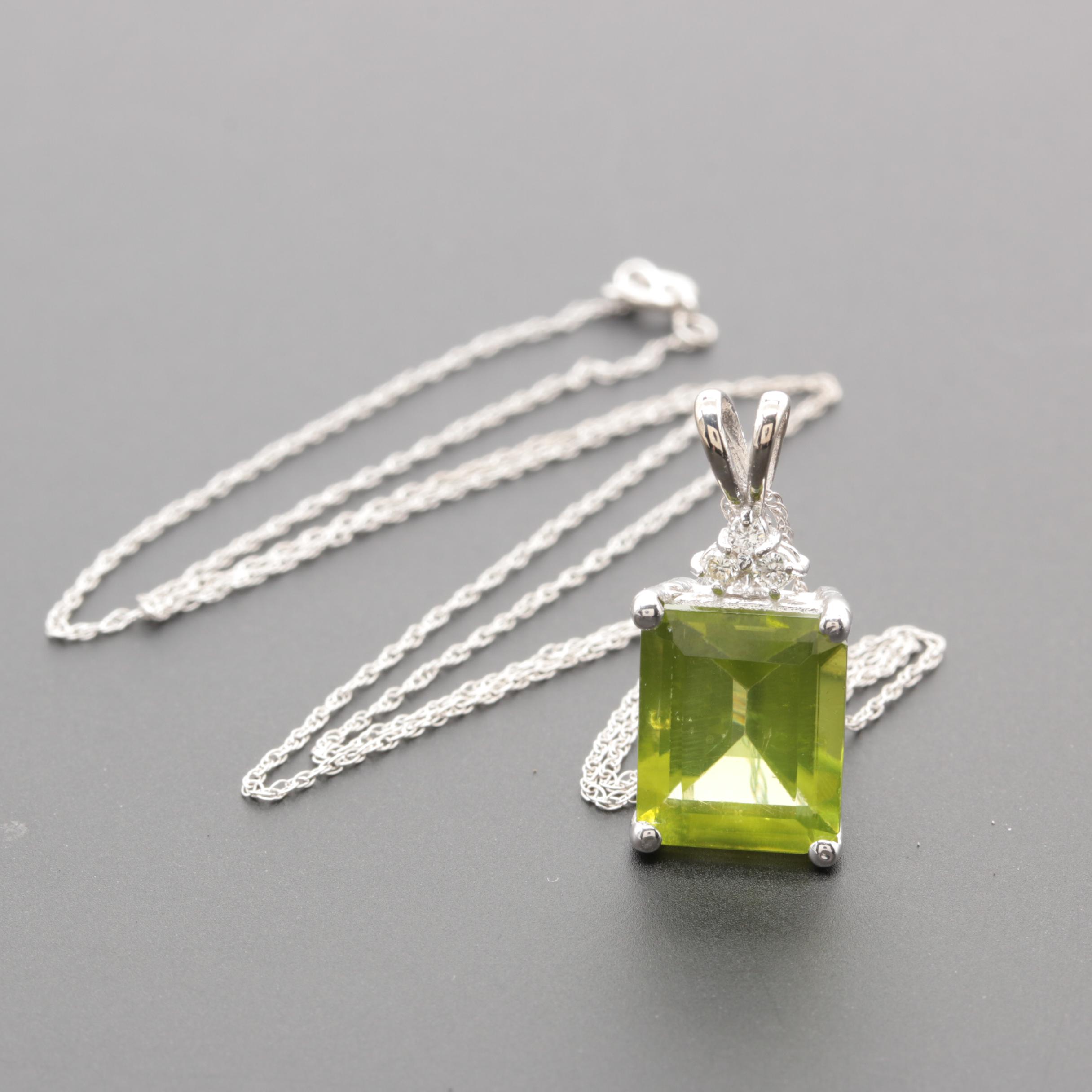 14K White Gold Peridot and Diamond Pendant Necklace