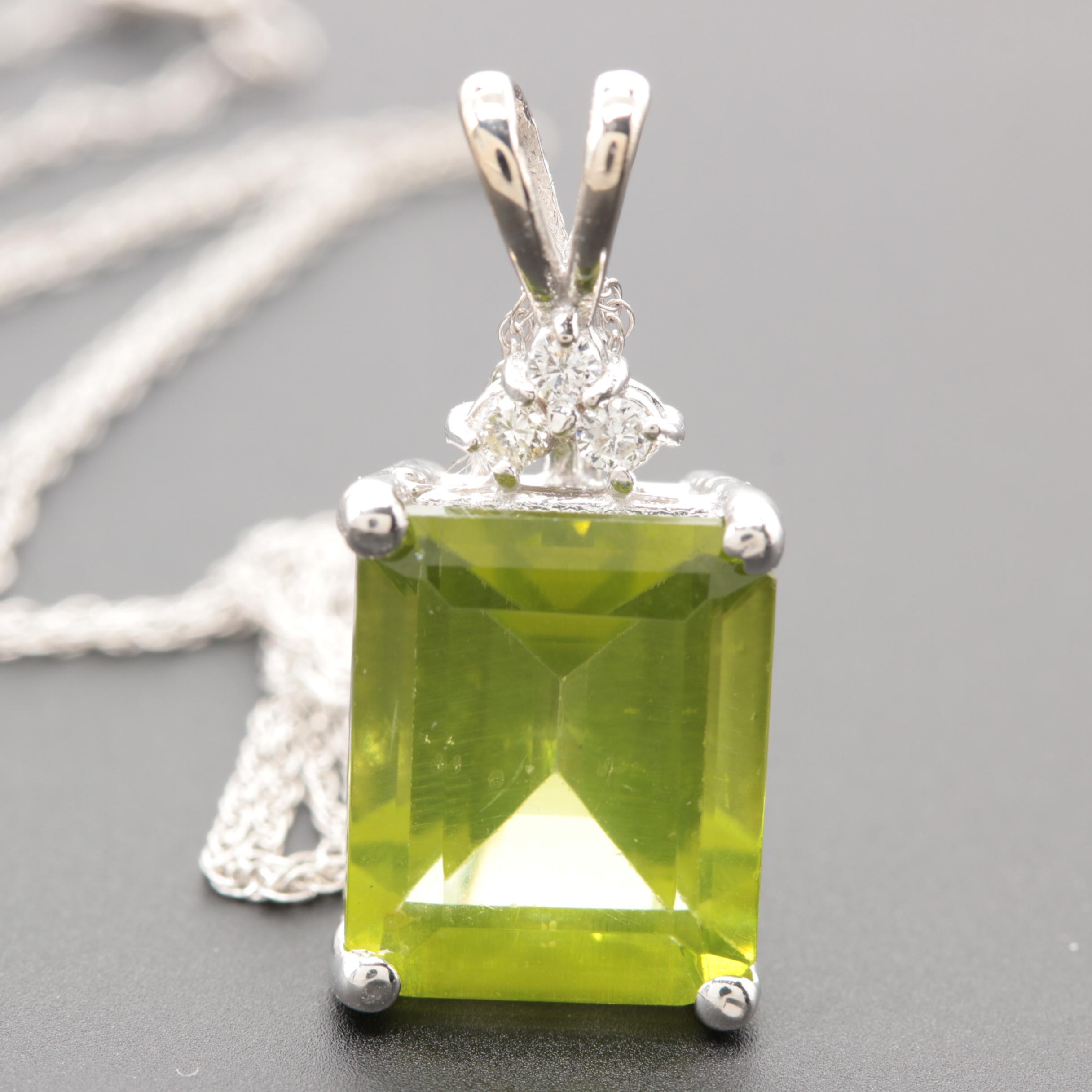 14K White Gold Peridot and Diamond Pendant Necklace