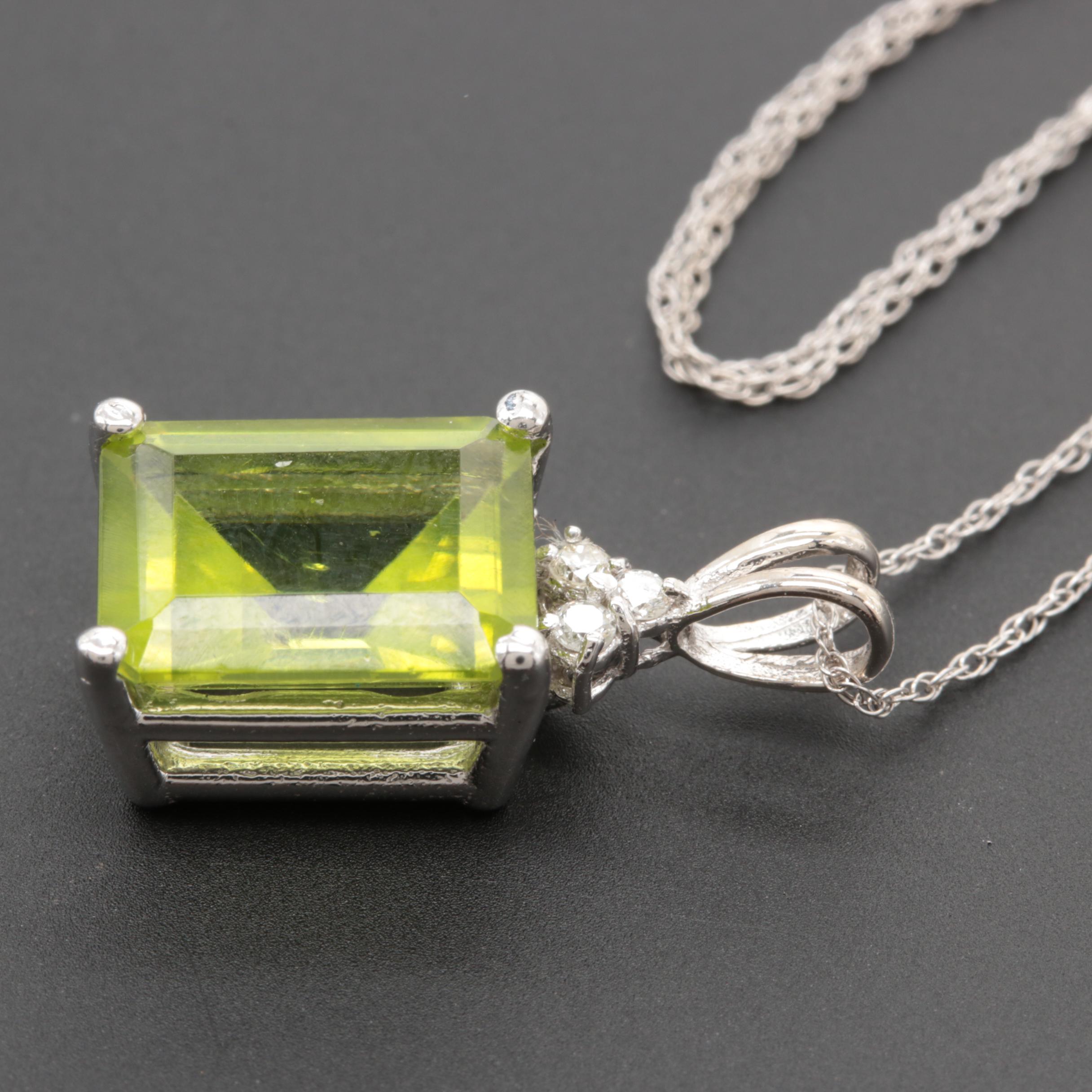 14K White Gold Peridot and Diamond Pendant Necklace