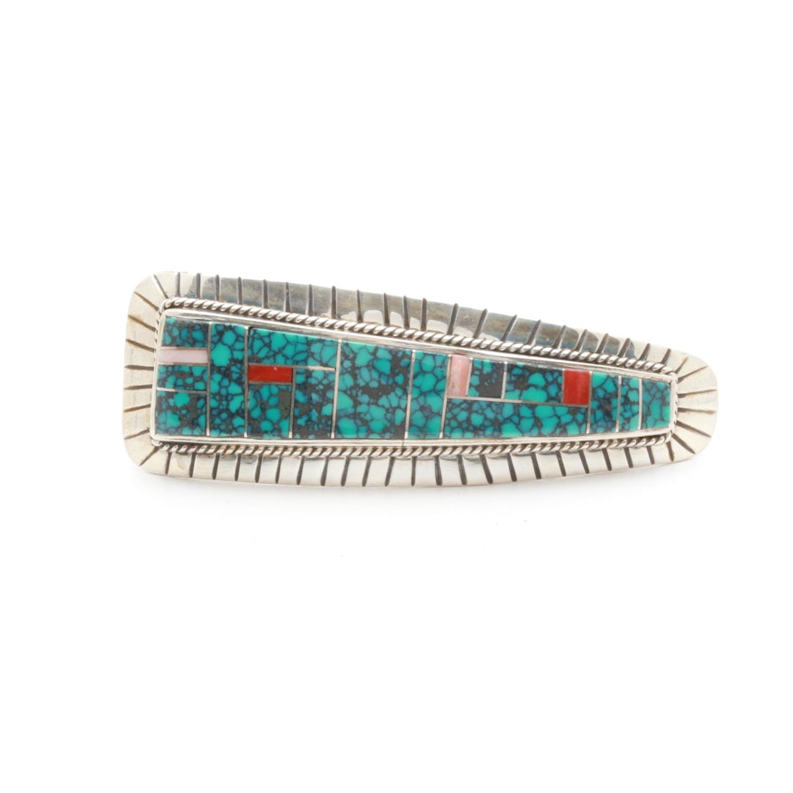 Southwestern Style Sterling Silver Barrette With Inlaid Turquoise and Coral