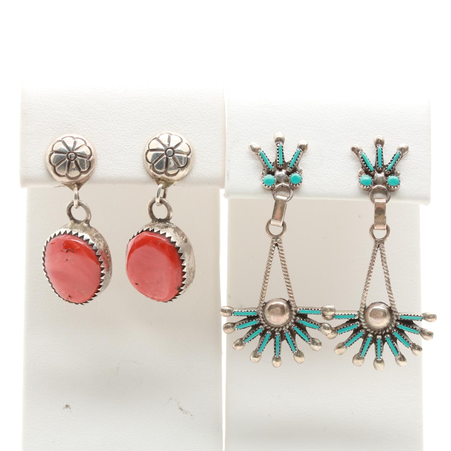 Southwestern Style Sterling Silver Coral and Turquoise Earring Selection