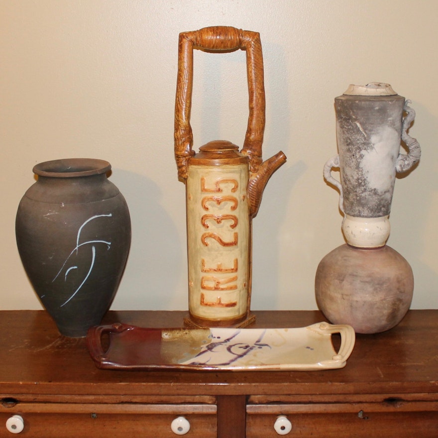 Four Fred Borthwick Hand Thrown and Built Art Pottery Items