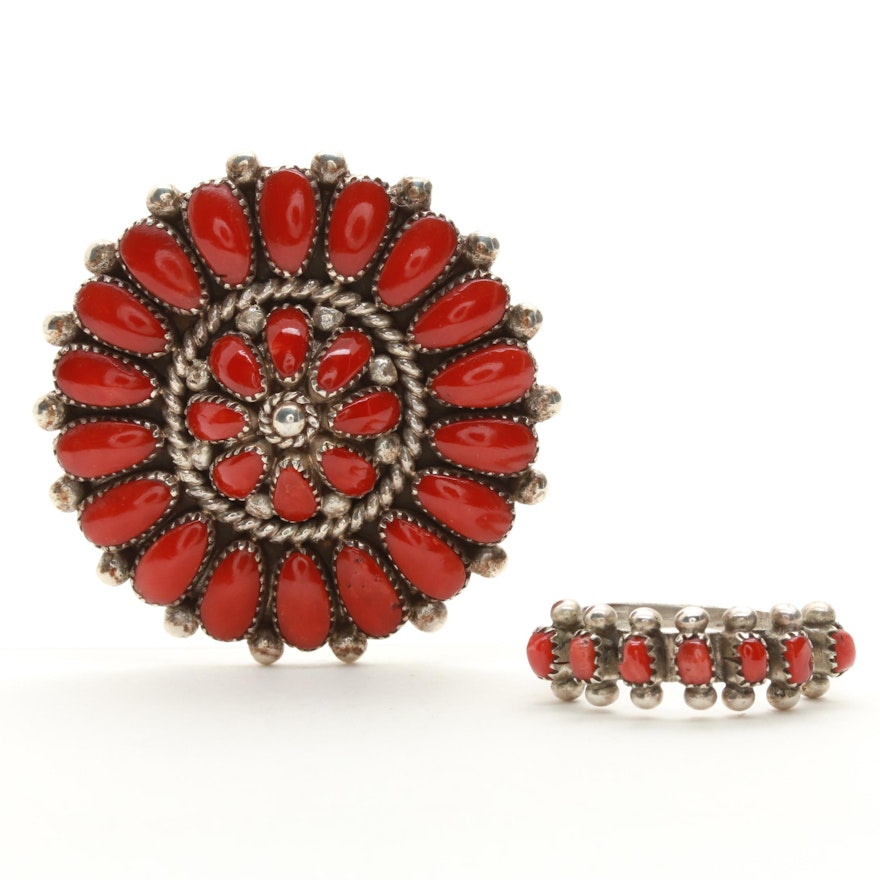 Sterling Silver Coral Jewelry Including Lorraine Waatsa Zuni