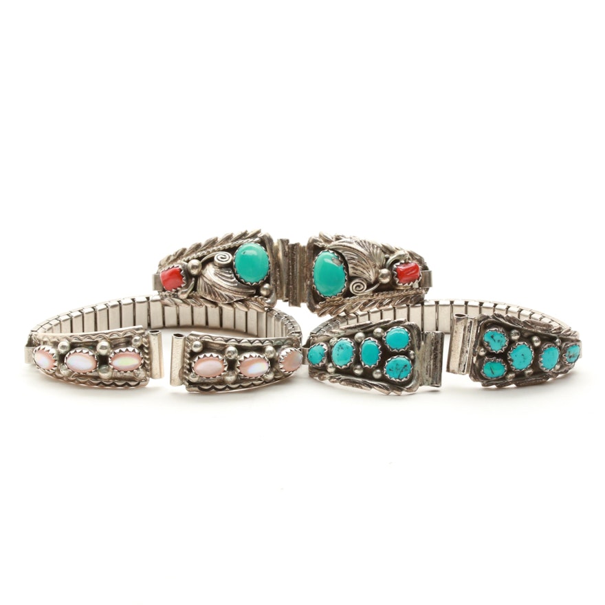 Southwestern Style Sterling Silver Turquoise and Coral Expansion Watch Bands