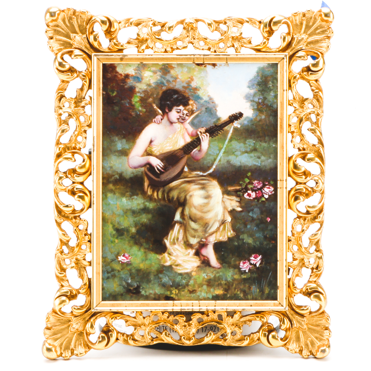 Vintage Oil Painting of a Woman and Cherub Playing a Lute