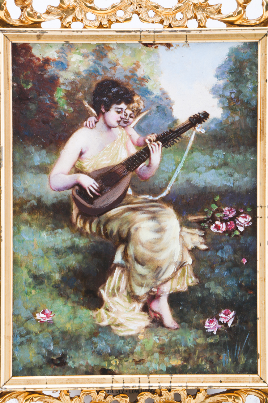 Vintage Oil Painting of a Woman and Cherub Playing a Lute