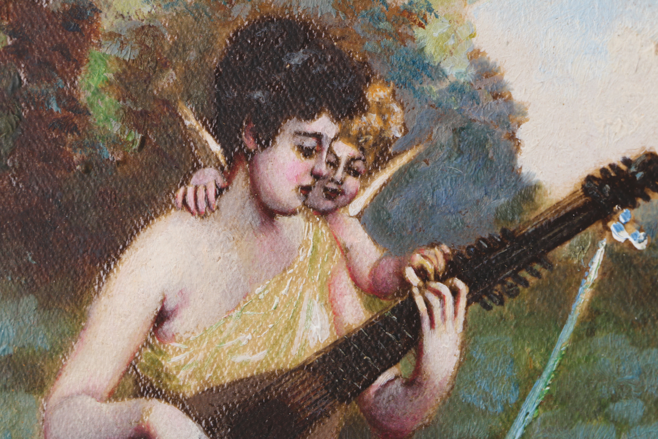 Vintage Oil Painting of a Woman and Cherub Playing a Lute