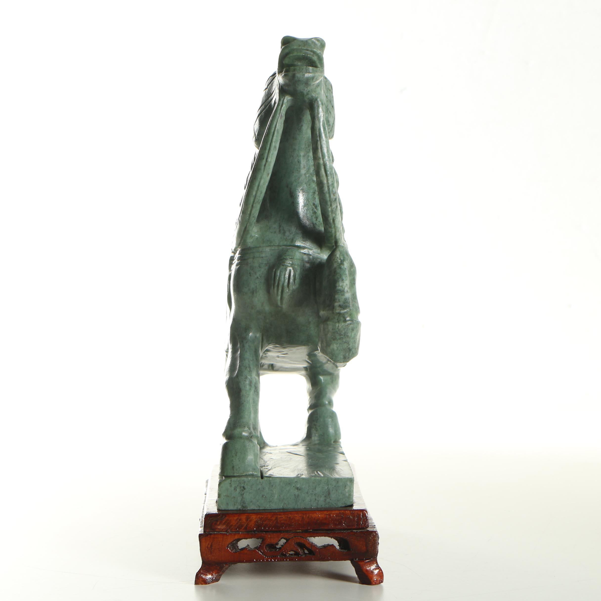 Chinese Tang Style Carved Soapstone Horse and Wood Base
