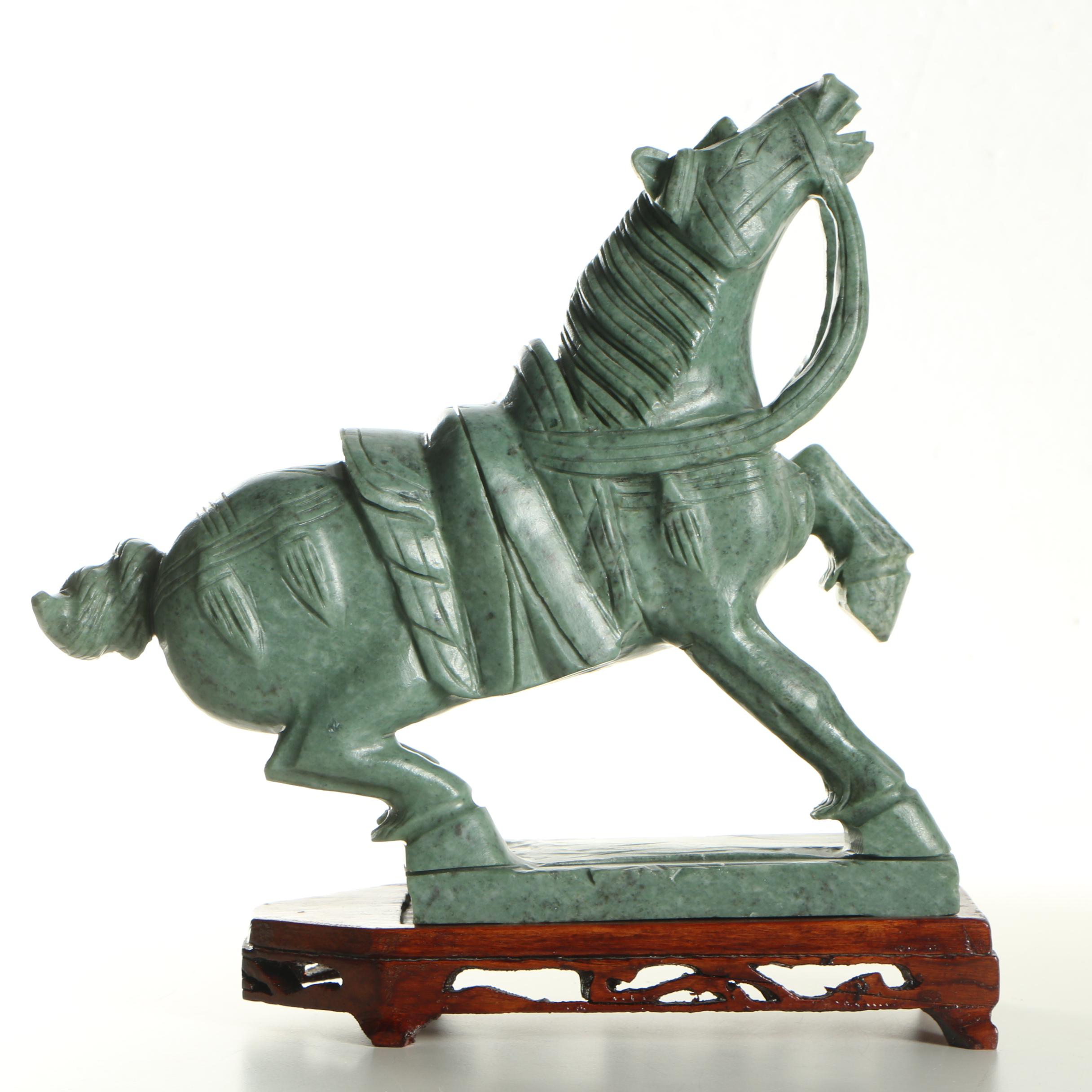 Chinese Tang Style Carved Soapstone Horse and Wood Base