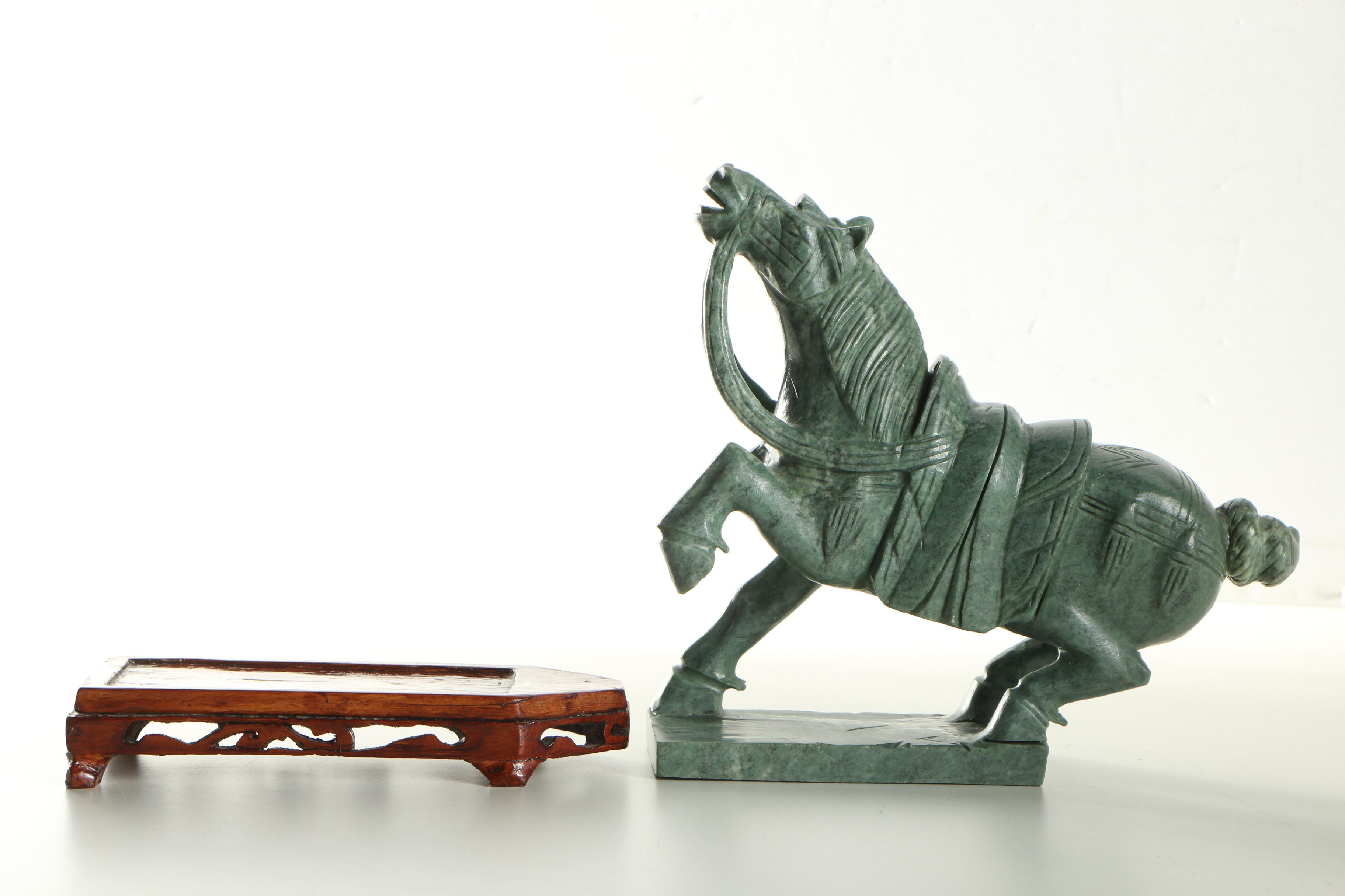 Chinese Tang Style Carved Soapstone Horse and Wood Base