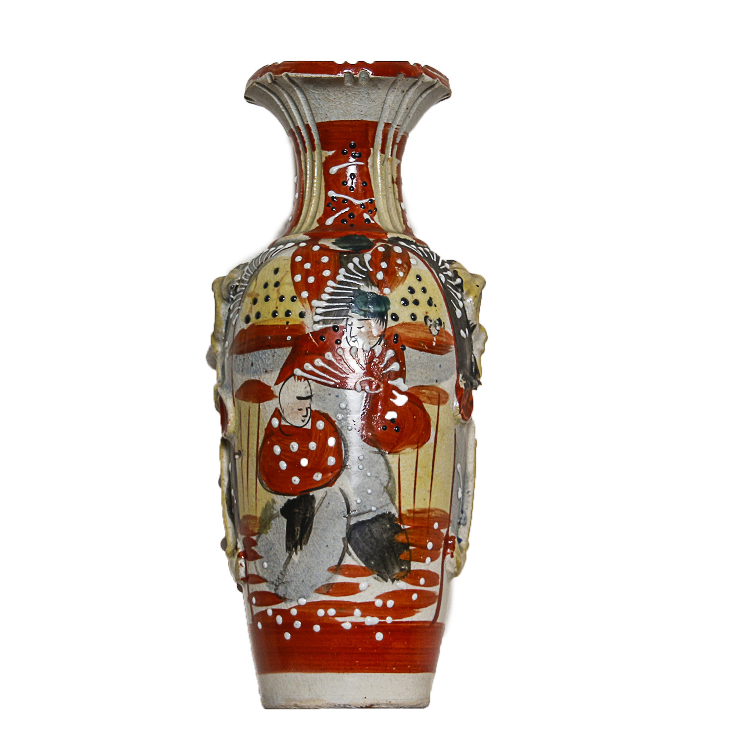 Japanese Hand-Painted Ceramic Vase with Moriage Accents