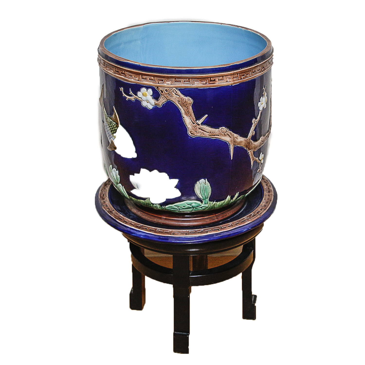 Chinese Hand-Painted Cobalt Ceramic Planter and Carved Wood Stand