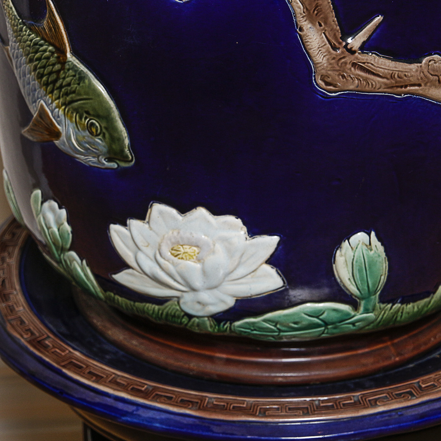 Chinese Hand-Painted Cobalt Ceramic Planter and Carved Wood Stand