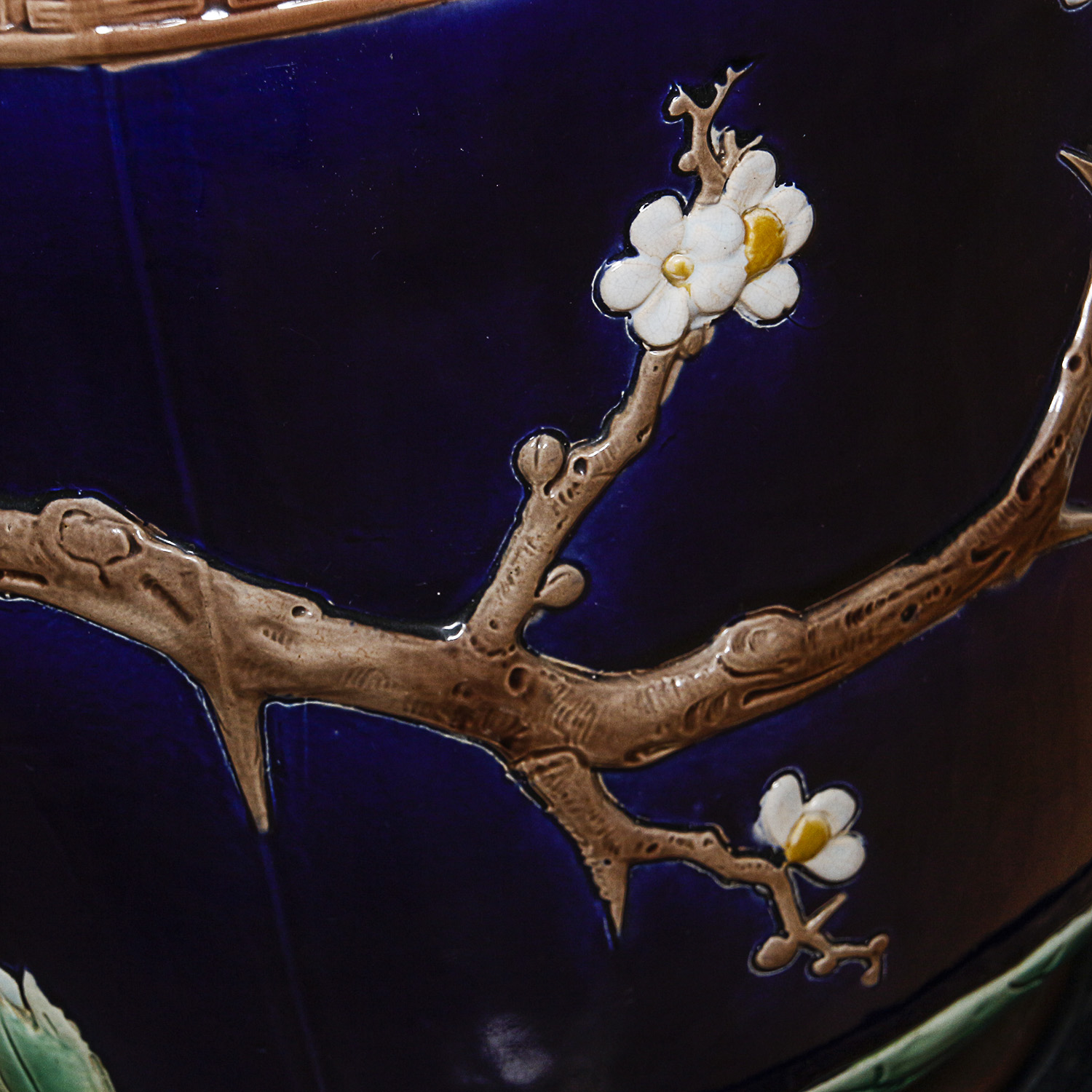 Chinese Hand-Painted Cobalt Ceramic Planter and Carved Wood Stand