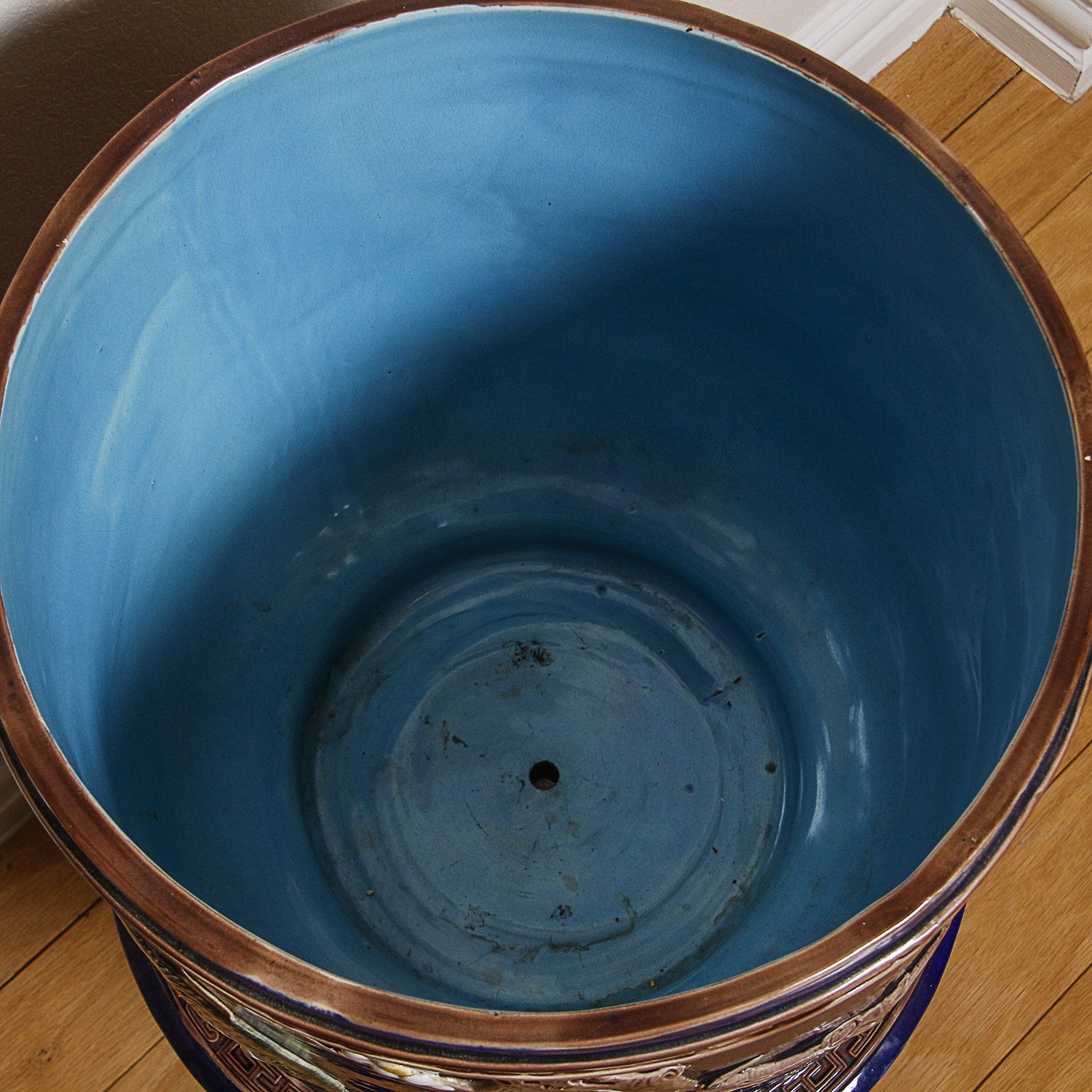 Chinese Hand-Painted Cobalt Ceramic Planter and Carved Wood Stand