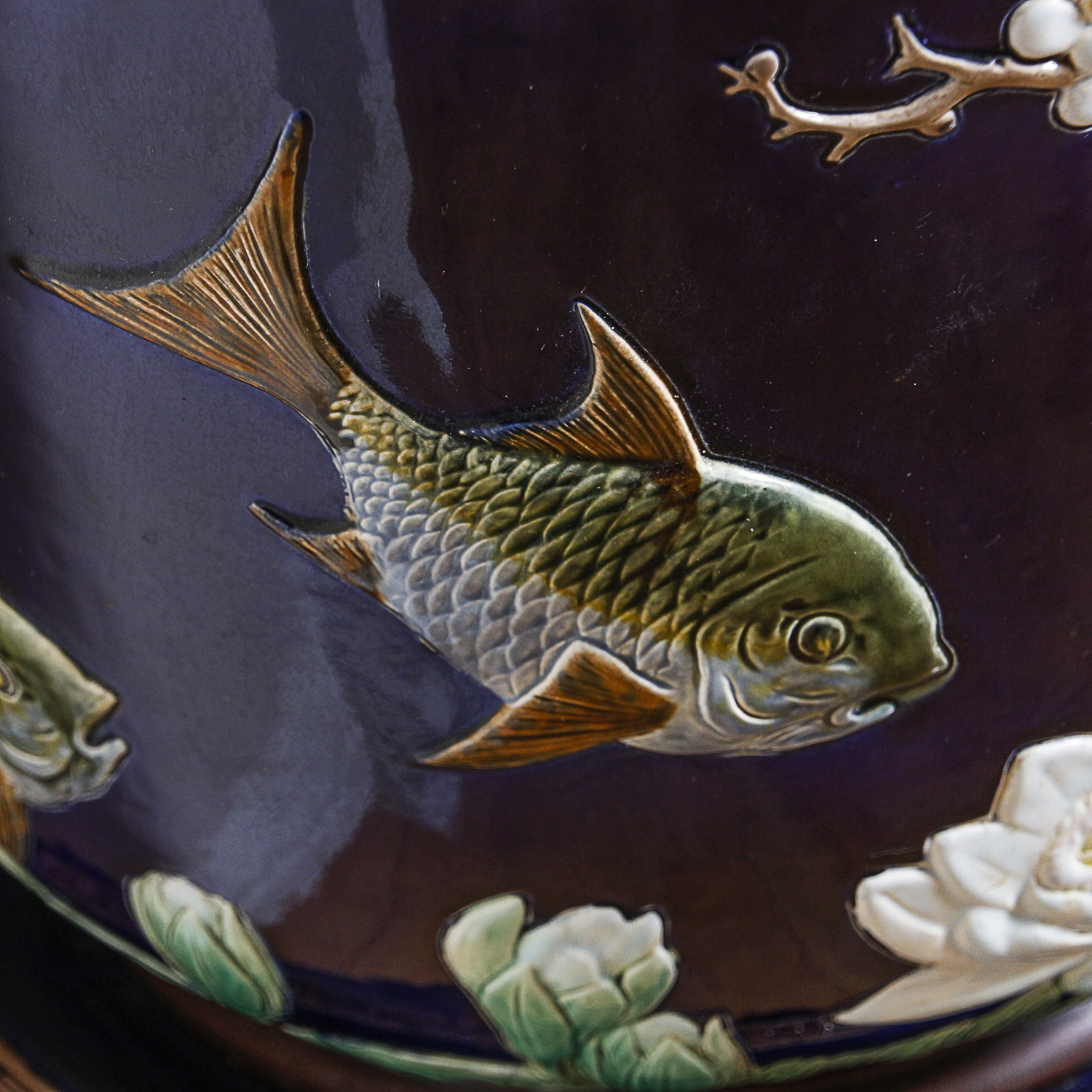 Chinese Hand-Painted Cobalt Ceramic Planter and Carved Wood Stand