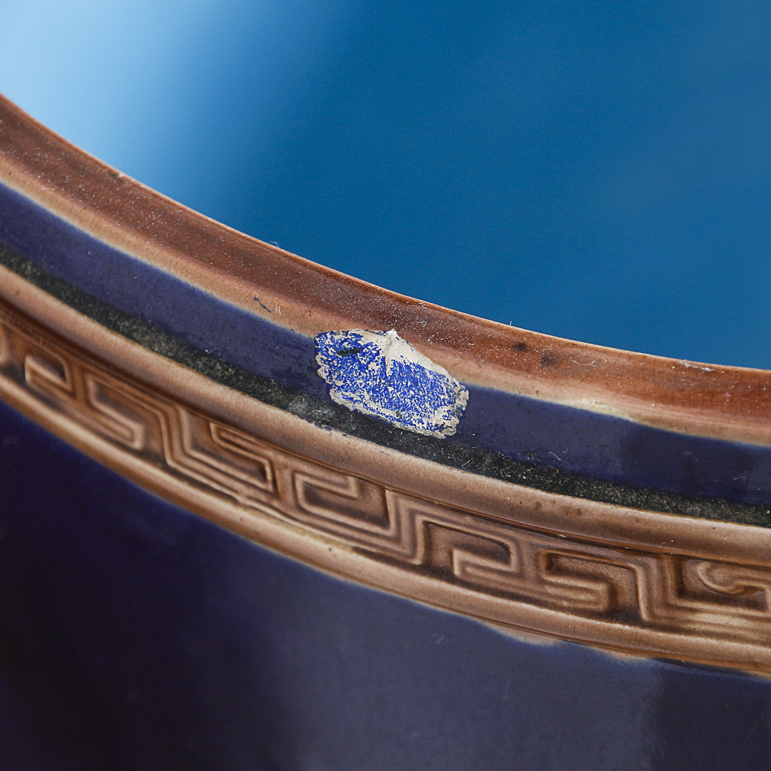 Chinese Hand-Painted Cobalt Ceramic Planter and Carved Wood Stand