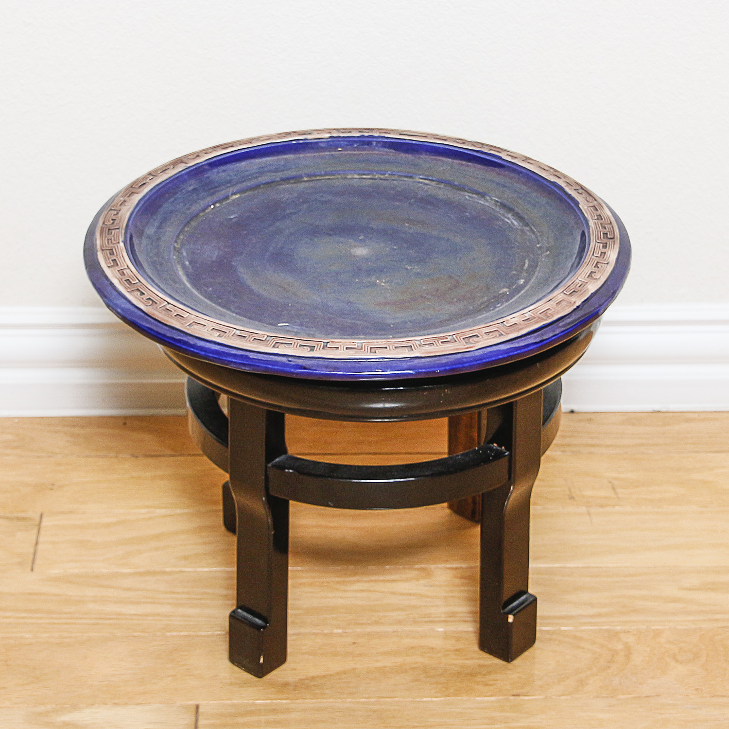 Chinese Hand-Painted Cobalt Ceramic Planter and Carved Wood Stand