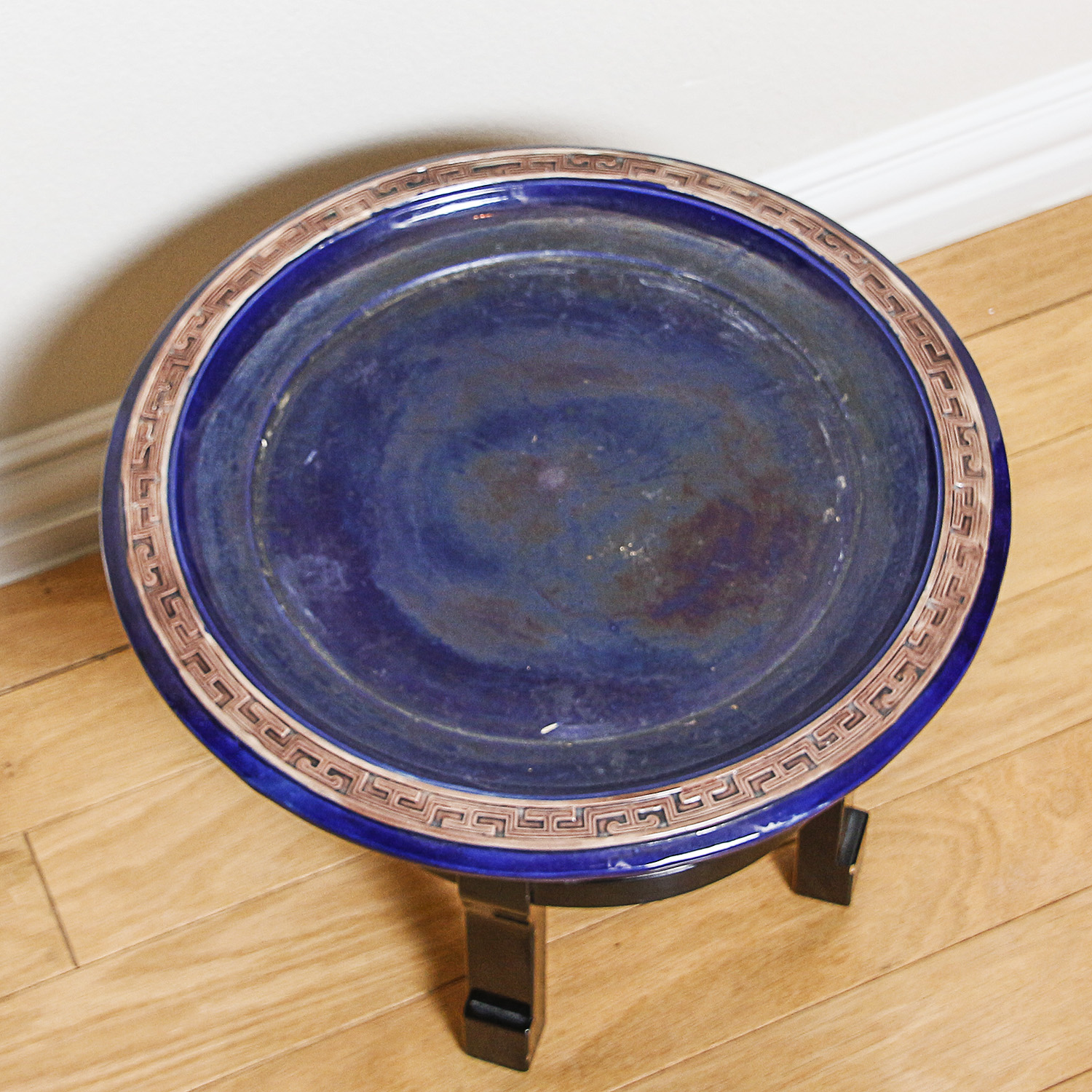 Chinese Hand-Painted Cobalt Ceramic Planter and Carved Wood Stand