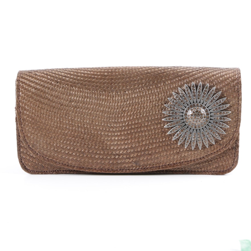 Kotur Brown Woven Flap Front Clutch Featuring Rhinestone Encrusted Adornment